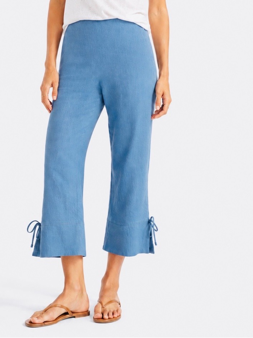CENTRAL FALLS Linen Flat Front Lt. Blue Cropped Slit Hem w Bow Ties Ankle Pants